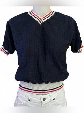 Vintage 80s Cropped Terry Cloth Pullover Navy Red White | S